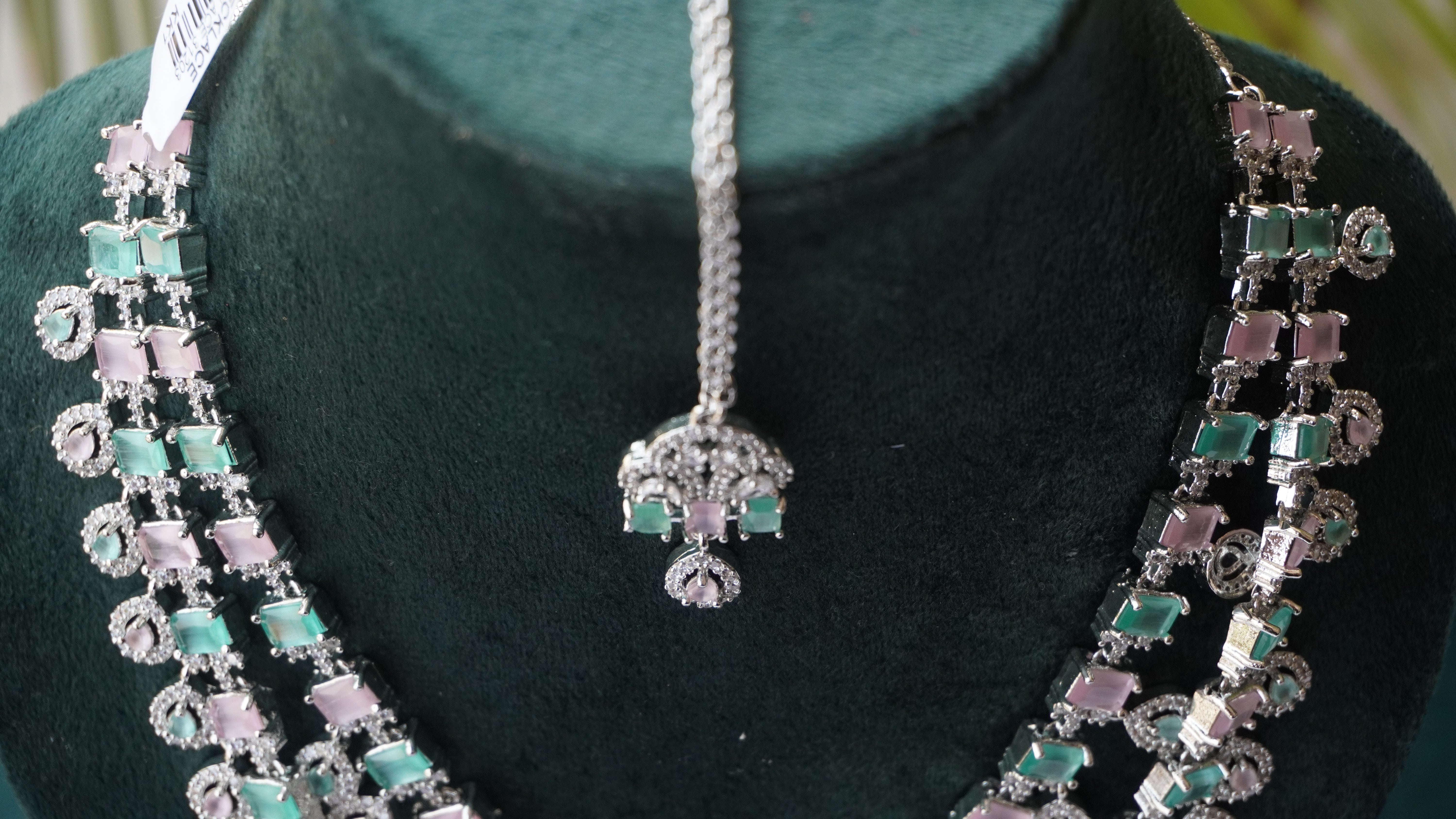 Green & Lavender. Stone Bridal Necklace Set | High-Shine American Diamond Jewelry by Ashthi Jewels