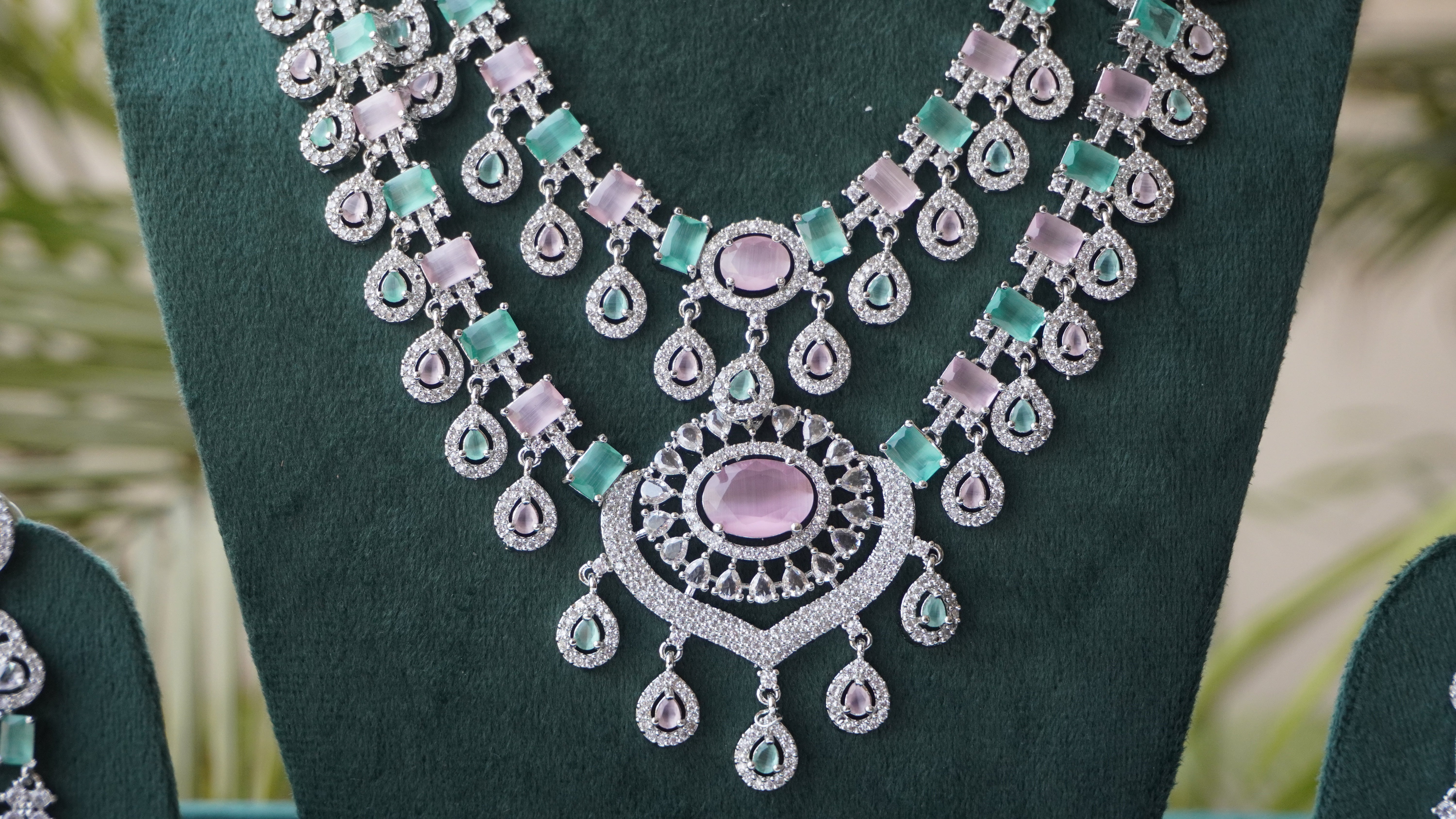 Green & Lavender. Stone Bridal Necklace Set | High-Shine American Diamond Jewelry by Ashthi Jewels
