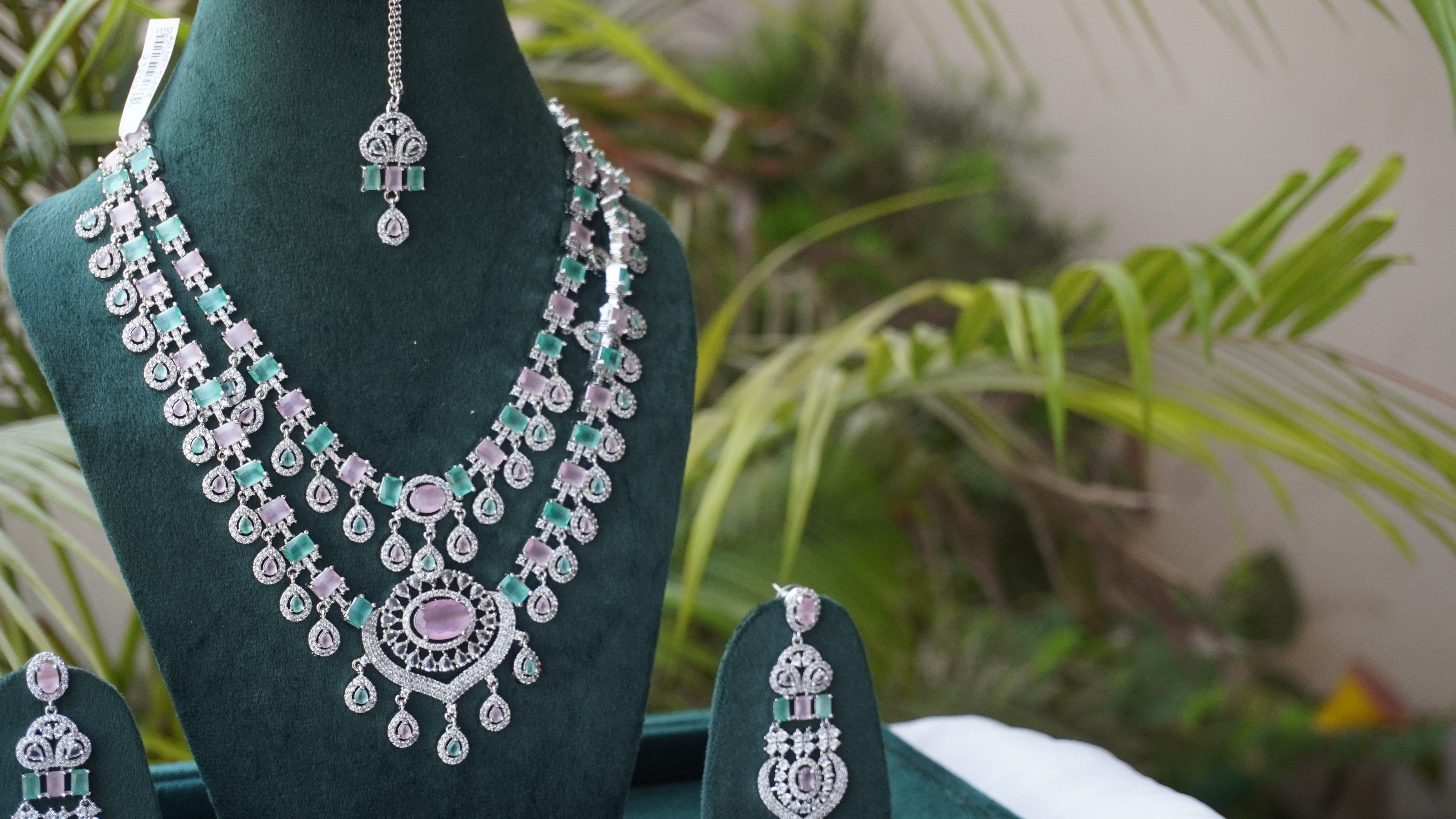 Green & Lavender. Stone Bridal Necklace Set | High-Shine American Diamond Jewelry by Ashthi Jewels