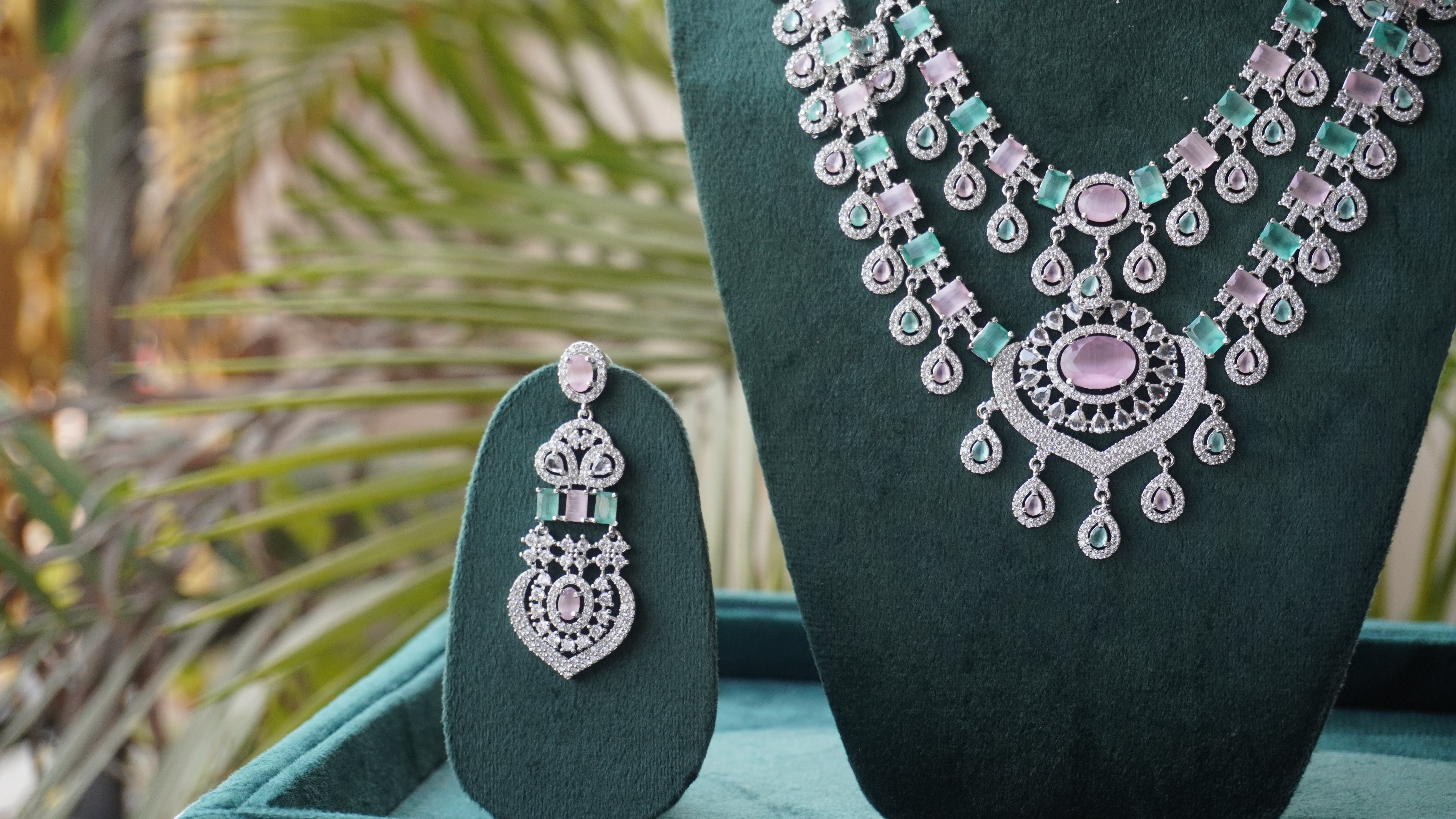 Green & Lavender. Stone Bridal Necklace Set | High-Shine American Diamond Jewelry by Ashthi Jewels